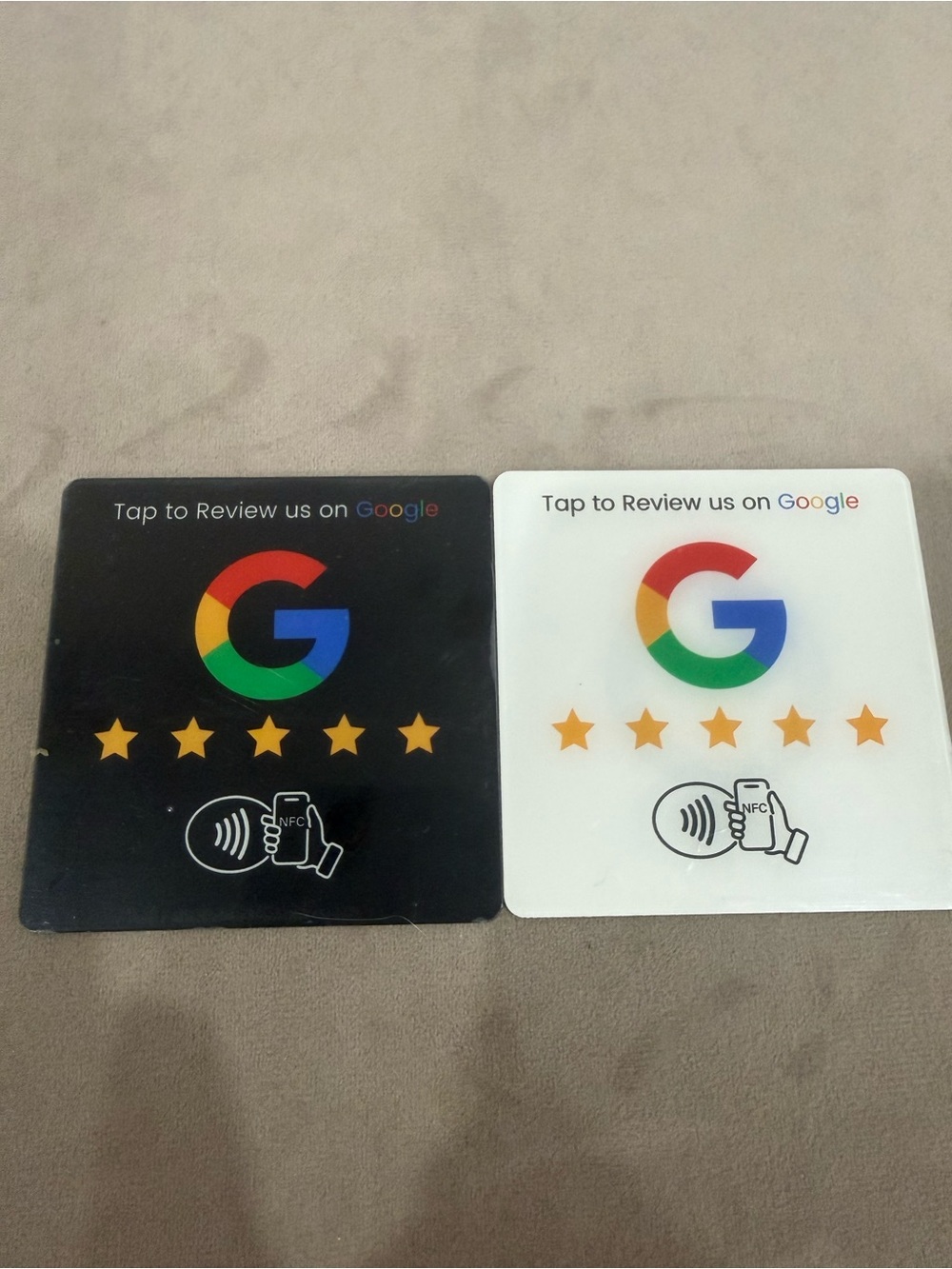 Google White NFC Review Tap Card with Multicolor Logo and Gold Stars